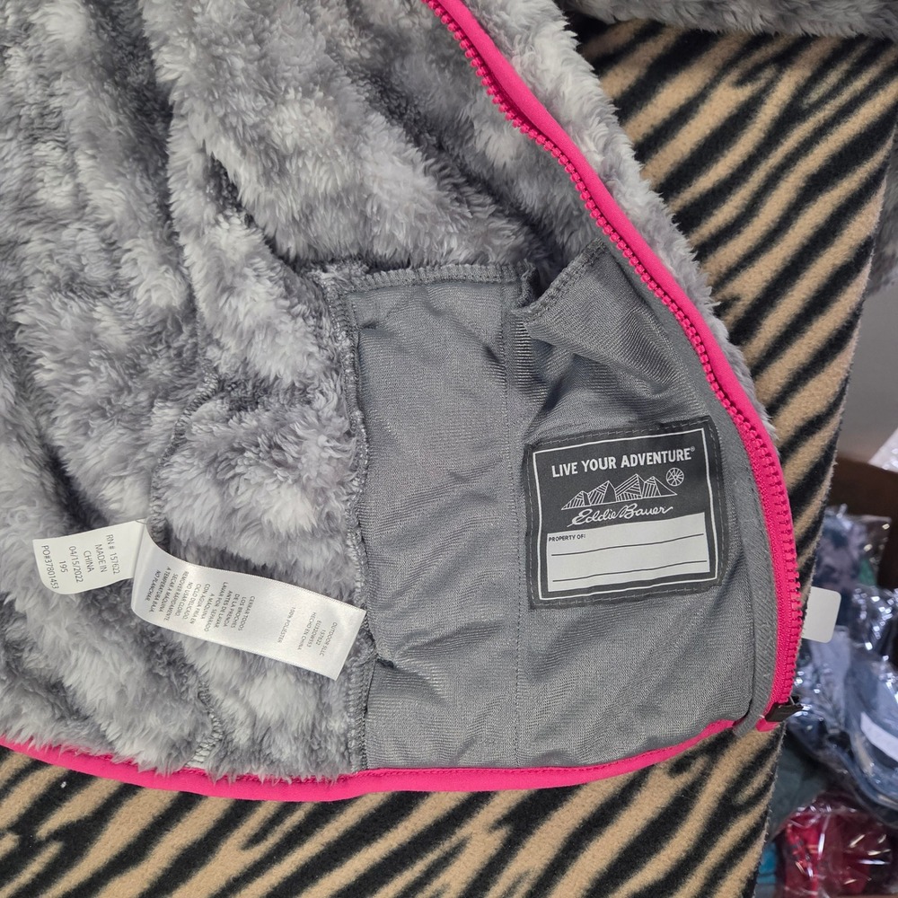 Eddie Bauer Sherpa Fleece Hoodie Gray Leopard Pink Trim Kids Large Womens XS S - Picture 4 of 8